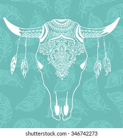 Cow Skull with Feathers isolated on blue background. Boho style. Vector Element for your design. Hand drawn illustration.