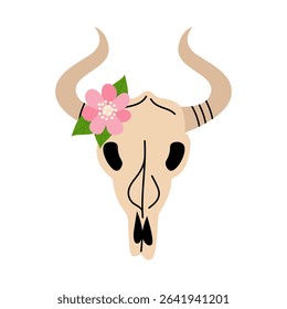 Cow Skull with Flower. Cute groovy funky hippie boho illustration element isolated