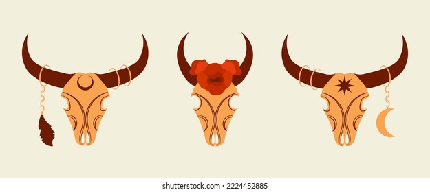 Cow skull with flowers, feather and moon illustration.