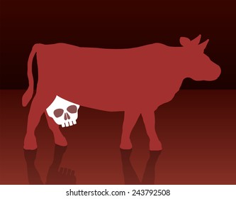 A cow with a skull instead of an udder, as a symbol for health problems concerning the consumption of milk and dairy products. Vector illustration.