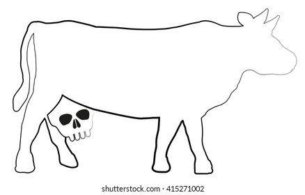 Cow with a skull instead of an udder - a symbol for unhealthy milk and dairy products. Isolated vector illustration on white background.