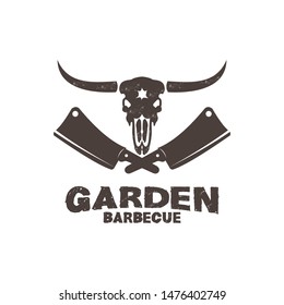 cow skull with knife vintage bbq logo template