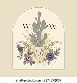 Cow skull with monogram, cactus and flowers vector illustration. Editable stroke. Macabre or postmortem aesthetic. Wild West boho art decor. 