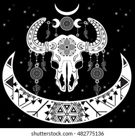Cow skull with moon symbols and dreamcatcher earrings on the stars background. Boho chic style. Hand drawn. Vector illustration.