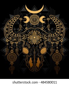 Cow skull with moon symbols and dreamcatcher earrings on the stars background. Boho chic style. Hand drawn. Vector illustration.