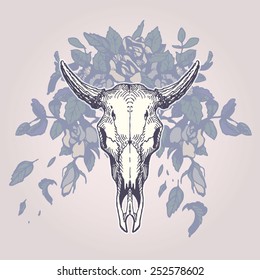 Cow skull on a flower background. Contains transparent objects