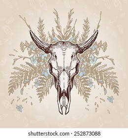 Cow skull on a flower background. Contains transparent objects