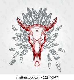 Cow skull on a plumage background. Contains transparent objects