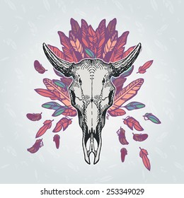 Cow skull on a plumage background. Contains transparent objects
