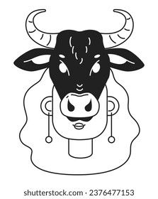 Cow skull on woman face monochrome flat linear character head. Mystery zodiac afro woman. Editable outline hand drawn human face icon. 2D cartoon spot vector avatar illustration for animation