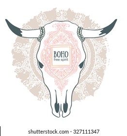 Cow Skull with ornament isolated on mandala background. Boho style. Vector Element for your design. Hand drawn illustration.