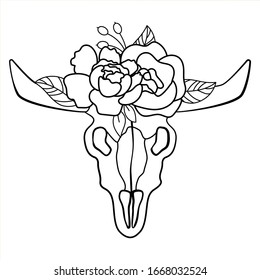 Cow skull with peonies bouquet. Bohemian design vector for stencils and cutout files.