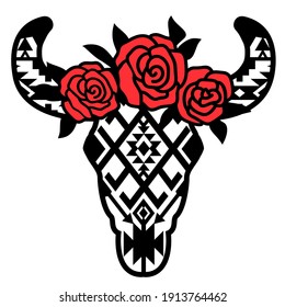 Cow skull with traditional aztec ornament and red flowers on head. Vector print art black graphic illustration isolated on white