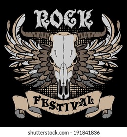 Cow skull with wings, ribbon and lettering on black background