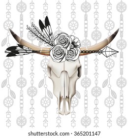 Cow skull,arrows,feathers,flowers, boho label