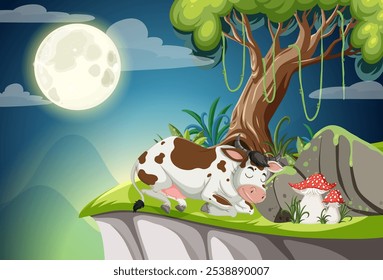 A cow sleeps peacefully beneath a glowing moon