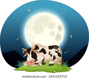 A cow sleeps peacefully beneath a glowing moon