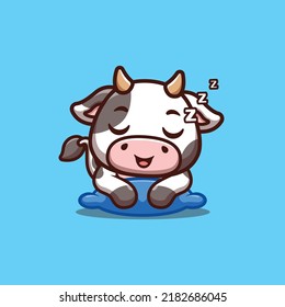 Cow Sleepy Cute Creative Kawaii Cartoon Mascot Logo