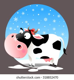 Cow in snow with snowflake on nose