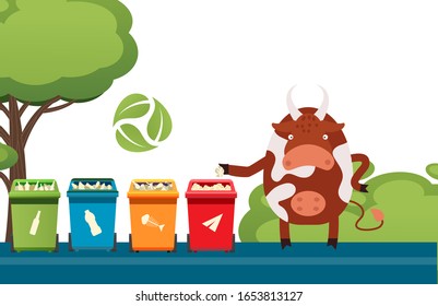 Cow sorting trash, garbage recycling campaign mascot, funny cartoon character, vector illustration. Garbage sorting, trash separation, waste recycling symbol. Funny cow throw rubbish in container bin