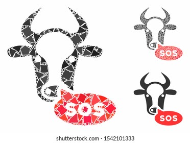 Cow sos message composition of joggly items in different sizes and color tints, based on cow sos message icon. Vector unequal items are united into illustration.