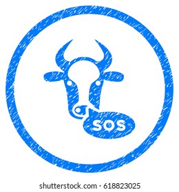 Cow Sos Message grainy textured icon inside circle for overlay watermark stamps. Flat symbol with dirty texture. Circled vector blue rubber seal stamp with grunge design.