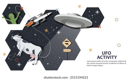 A cow in a spacesuit next to a UFO flying by against the background of space in the form of honeycombs, flat childrens doodles