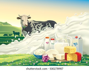 Cow, and splash of milk and set of dairy products: cheese, milk, yogurt, against the background of a rural landscape. Vector illustration. 