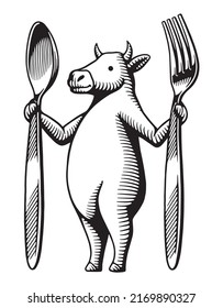 cow, spoon and fork, hand drawn illustration