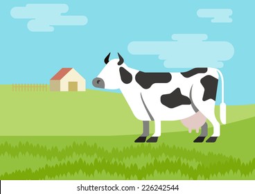 Cow spotted farm habitat background flat design cartoon vector animals. Flat zoo nature children collection.