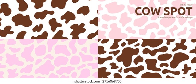 Conjunto de patrón sin costuras de piel de mancha de vaca. Textura animal sin costuras con el kit de impresión de deporte de leche. Paquete de diseño de superficie de Vector Doodle