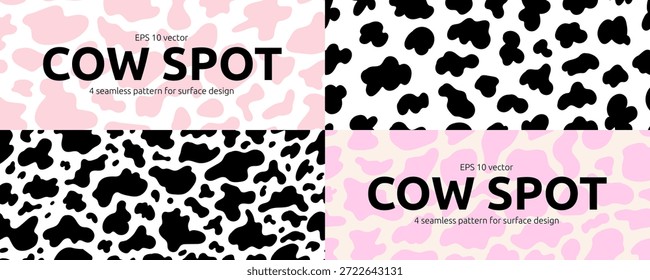 Conjunto de patrón de piel de mancha de vaca. Textura animal sin costuras con el kit de impresión de deporte de leche. Paquete de diseño de superficie de Vector Doodle