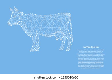 Cow standing from abstract futuristic polygonal white lines and dots on blue background for banner, poster, greeting card. Vector illustration.