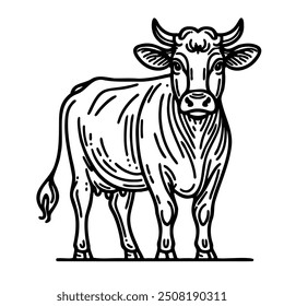 A cow is standing in a field. The cow is black and white. The cow has horns on its head