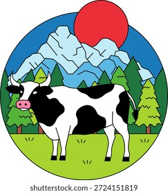 Una vaca está de pie en un campo con árboles en el fondo