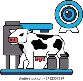 A cow is standing in front of a machine that is labeled "milk machine". There are several milk bottles in the background, and a camera is also present