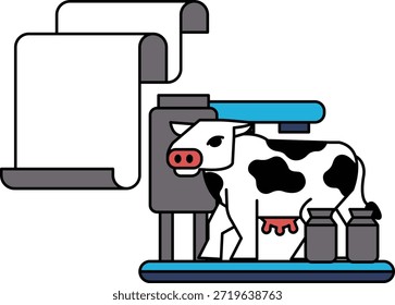 A cow is standing in front of a milk machine. The cow is black and white. The machine is black and white as well