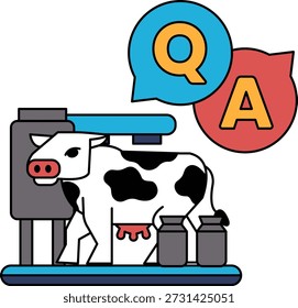 Una vaca está de pie frente a una máquina de leche. La vaca es blanca y negra. La vaca mira a la cámara