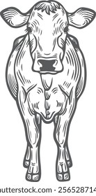 Cow standing, front view, farm animal, lifestock, lines, hand-drawn, black and white, graphic illustration, engraving isolated