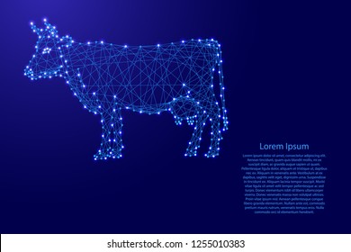 Cow standing from futuristic polygonal blue lines and glowing stars for banner, poster, greeting card. Vector illustration.