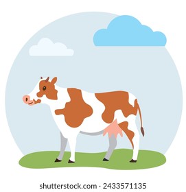 Cow standing in green grass. Editable vector illustration of a cow in green background. Organic farming logotype  Label with cow. Vector illustration