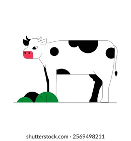 Cow Standing Near Green Bushes In Flat Vector Illustration Symbolizing Farming, Agriculture, And Livestock, Isolated On White Background