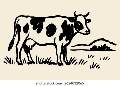 Cow standing on grass, cartoon sketch with bold black outlines