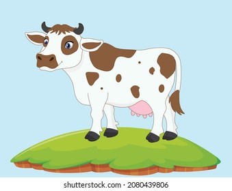 Cow standing on grass field. Vector Illustration