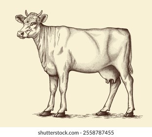 Cow standing on the ground. Vector illustration in vintage graphic style. Vintage drawing of farm animal. Isolated 