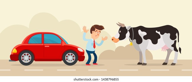 Cow Standing On The Road And Blocking Car Traffic. Driver Confused. Obstacle On The Road. Force Majeure, Unseen Circumstances Concept. Vector Illustration, Flat Design, Cartoon Style.