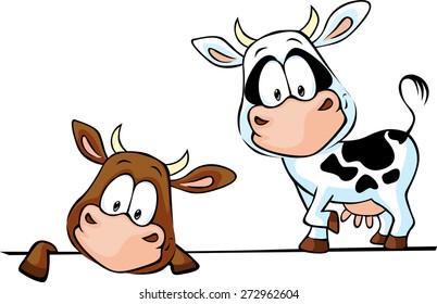 cow standing and peeks out from behind a white surface - vector illustration