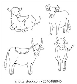 Cow standing profile contour illustration coloring book isolated. cow cartoon set coloring page illustration vector. For kids coloring book. 128