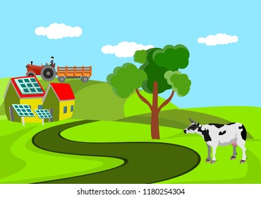 Cow standing at the road, countryside landscape vector illustration