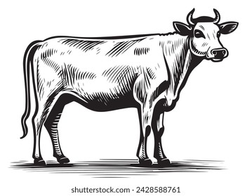 La vaca está de pie boceto grabado ilustración estilo Dibujado a mano vector